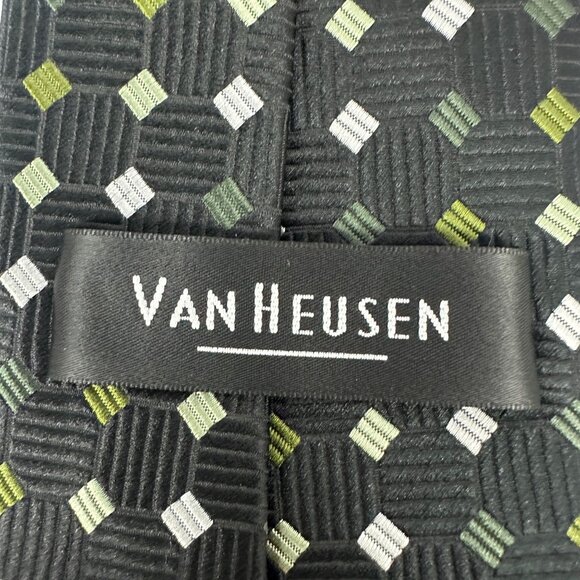 Van Heusen Geometric Diamond Pattern Neck Tie Handmade Polyester Green Black - Picture 3 of 5